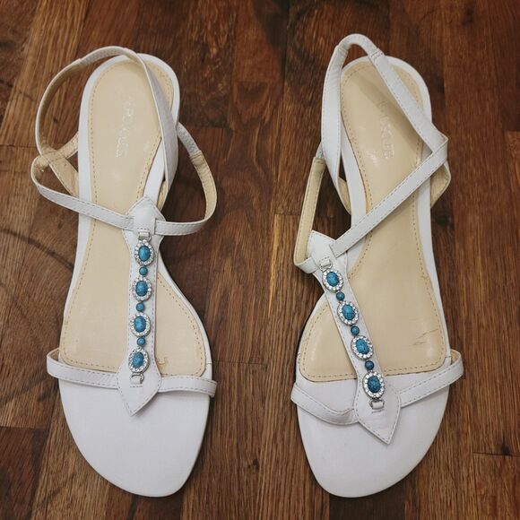 Aerosoles 7M Women's White Sandals Kitten Heel Strap Open-Toe Turquoise Beads - Picture 5 of 11